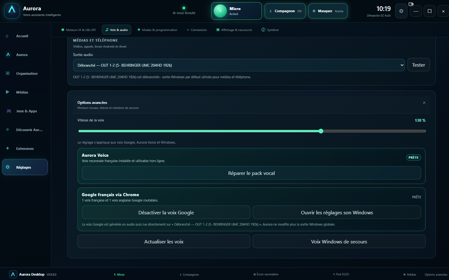 Interface Aurora Desktop et English Coach
